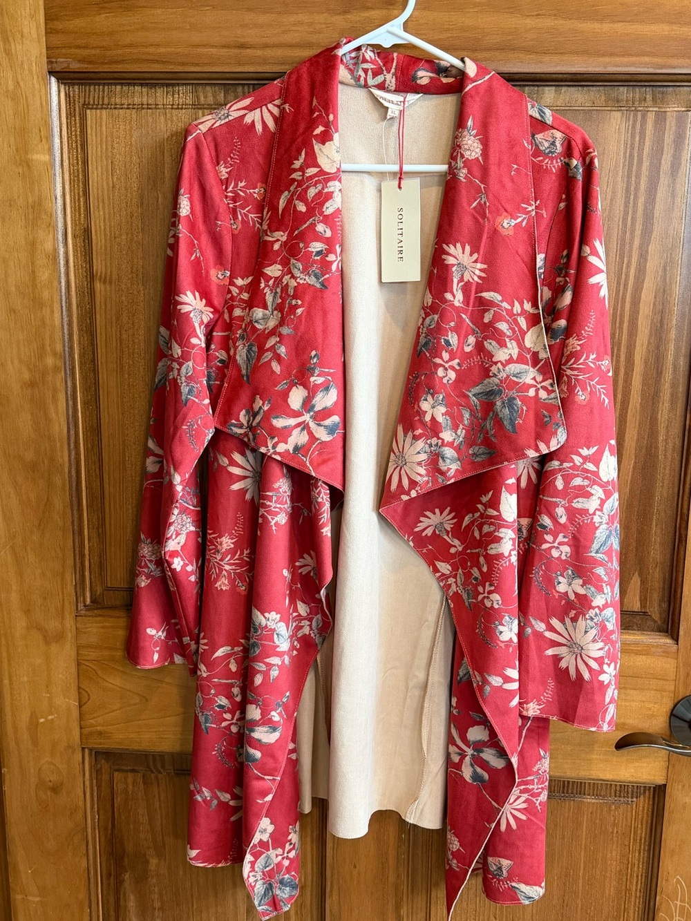 Solitaire Red Floral Draped Open Front Cardigan